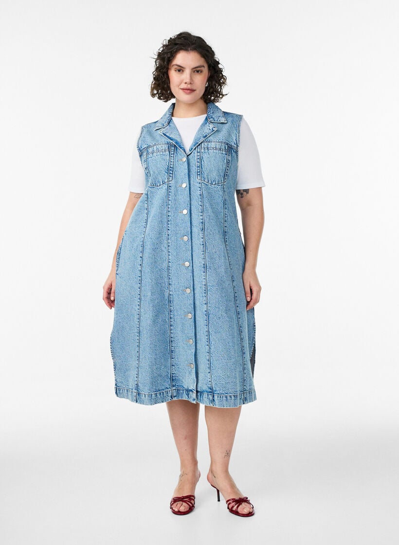 Ermel&oslash;s denimkjole med knappelukking og splitter, Bl&aring;, Model image number 0