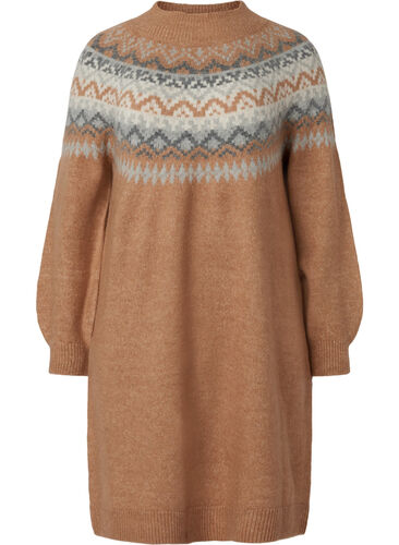 Mønstret strikket kjole med lange ermer, Chipmunk Mel. Comb, Packshot image number 0
