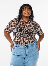 Bluse i mesh med korte ermer, Brun Bluse i mesh med korte ermer, Brun, Model