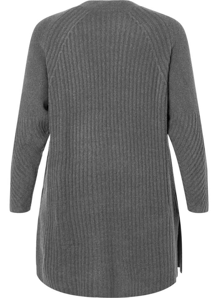 Lang cardigan i ribbestrikk, Dark Grey Melange, Packshot image number 1