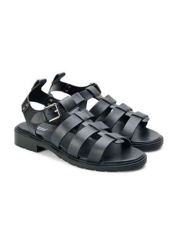 Sandaler i skinn og med wide fit, Black, Packshot image number 1