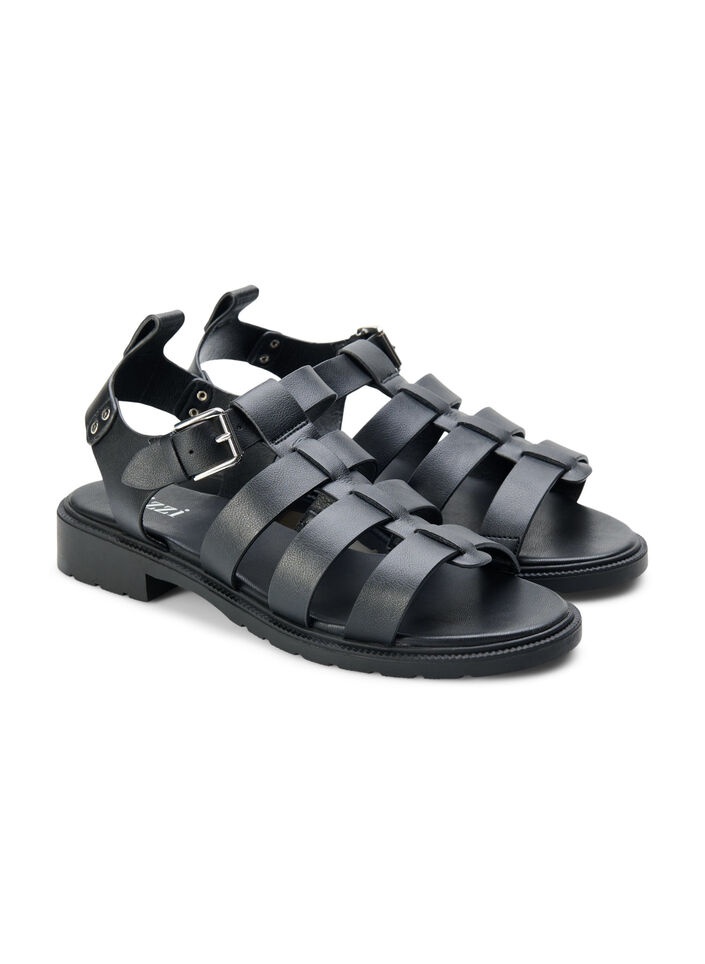 Sandaler i skinn og med wide fit, Svart, Packshot image number 1