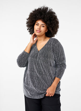 Zizzi Omslagslook glitter festtopp, Svart, Model image number 0