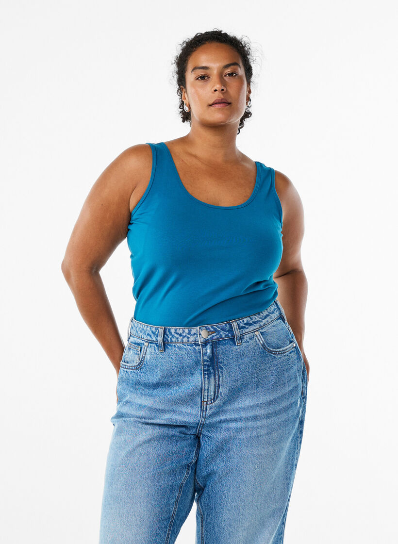 Ensfarget basic topp i bomull, Blå, Model image number 0