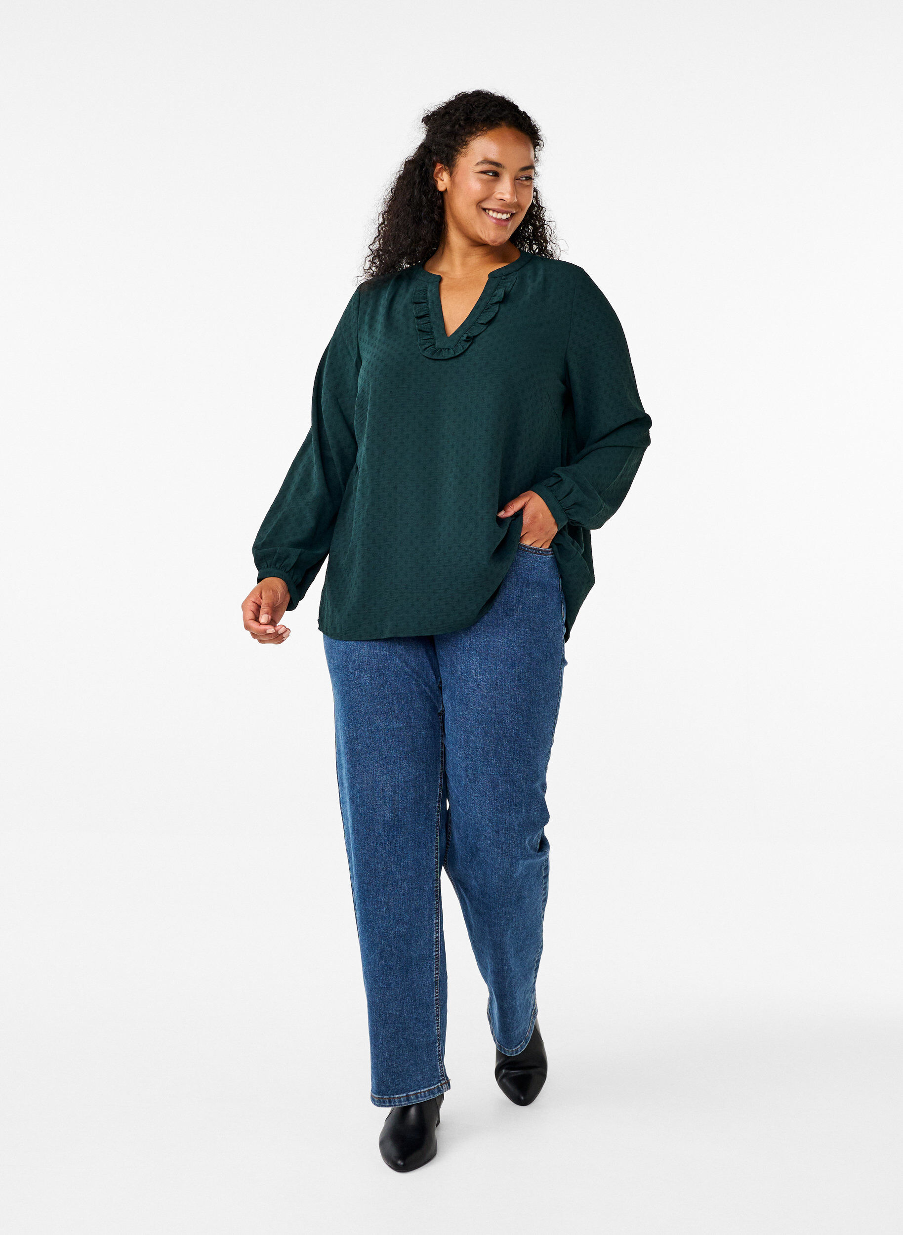 Zizzi Langermet bluse med struktur, Scarab, Model image number 2