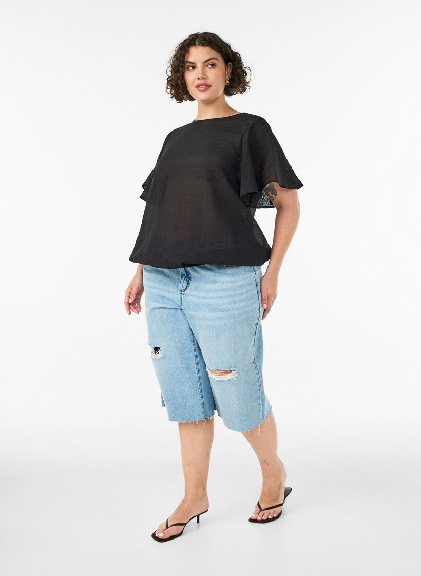 Bluse med ballongform og flaggermus ermer, Svart, Model image number 1