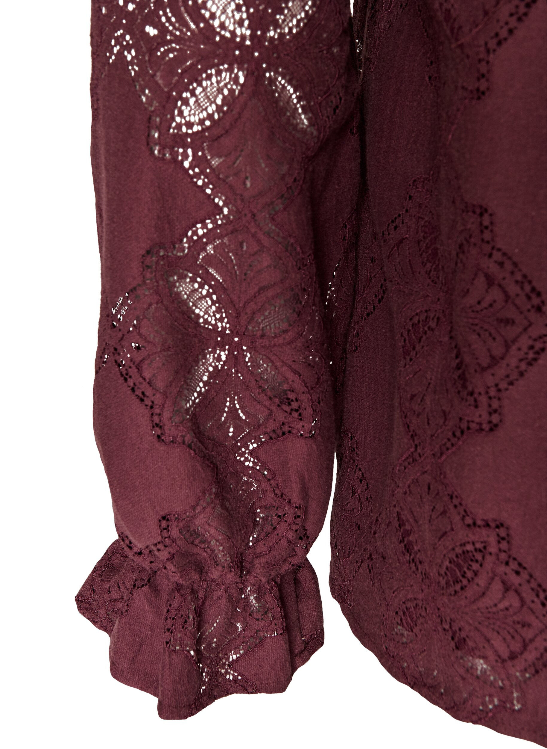ZizziLangermet bluse med blondem&oslash;nster, M&oslash;rk Bordeaux, Packshot image number 3