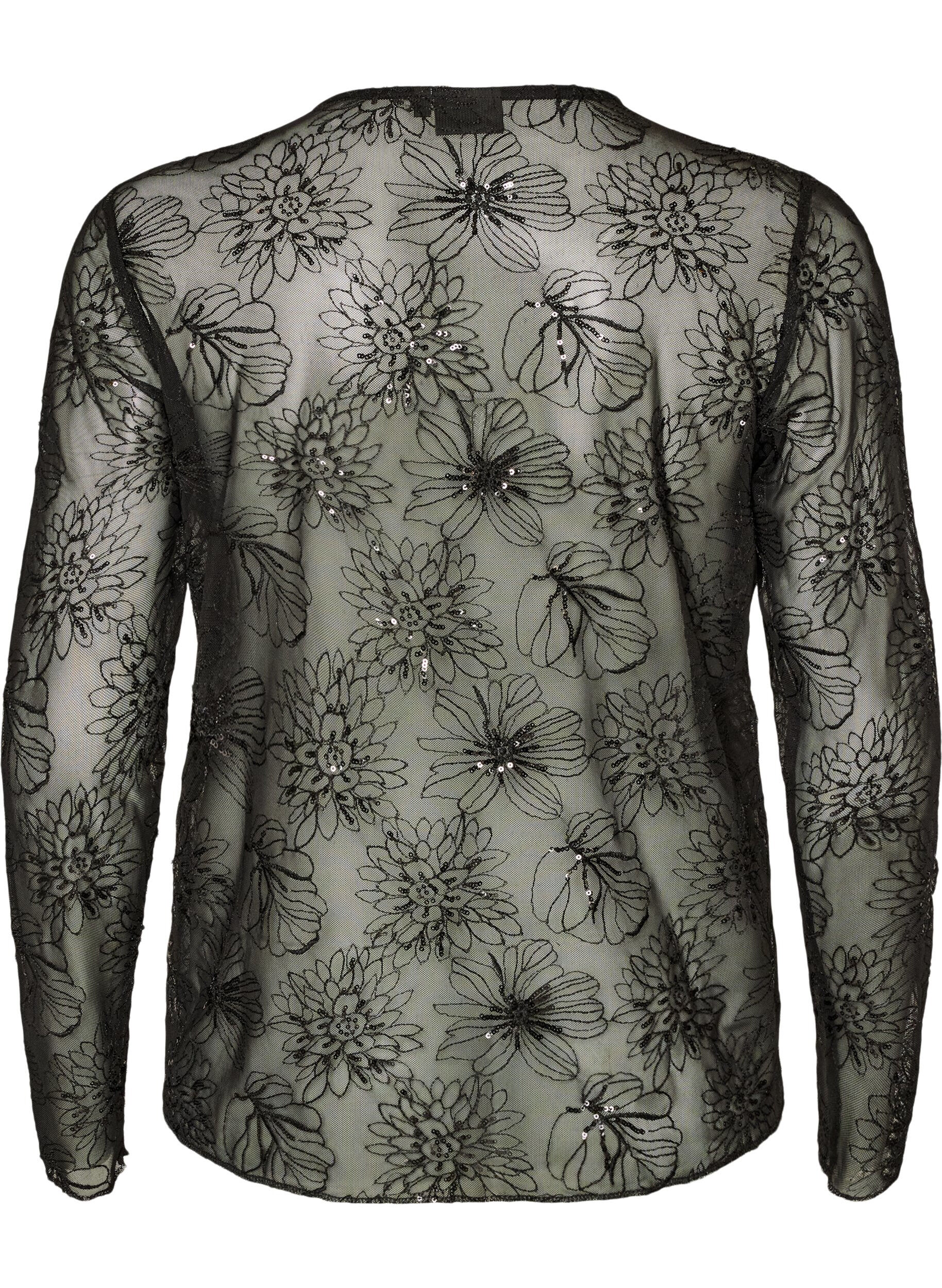 ZizziBluse i mesh med blomster og paljetter, Svart, Packshot image number 1