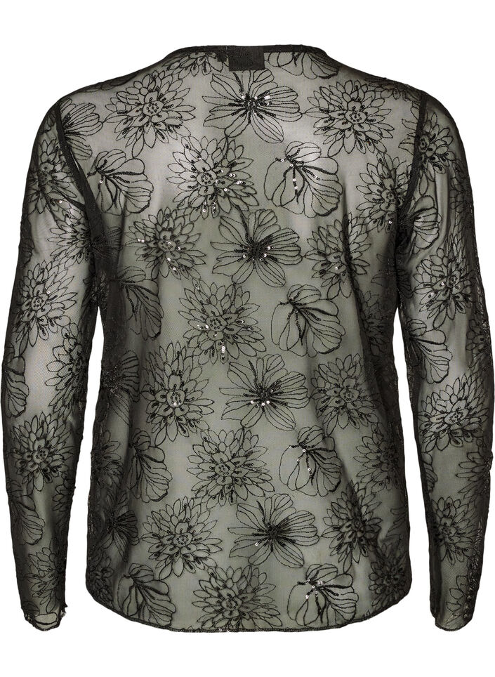 Bluse i mesh med blomster og paljetter, Svart, Packshot image number 1