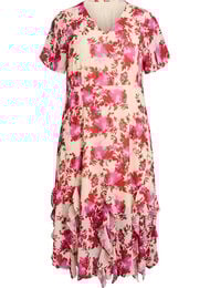 Floralkjole i chiffon med rysjedetaljer og V-hals, Rosa