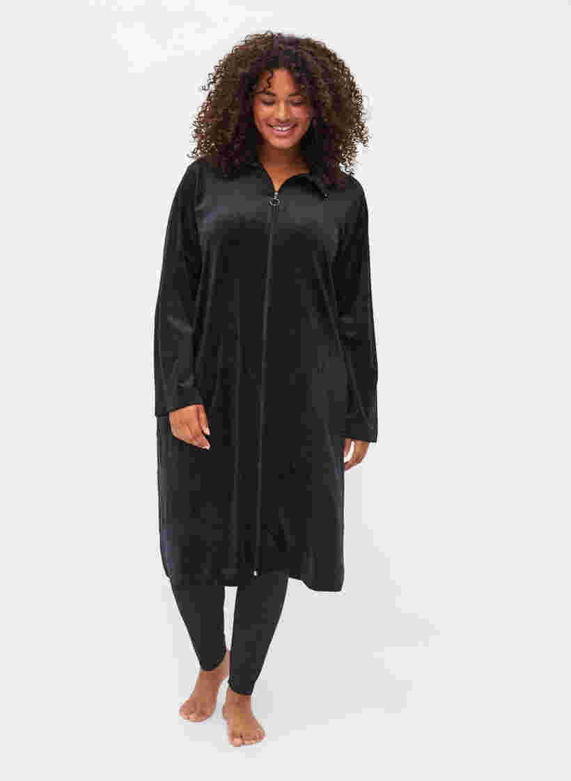Kjole i velur med glidelås og lommer, Black, Model image number 2