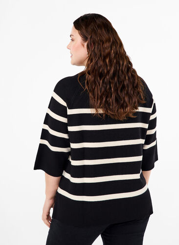 Zizzi Strikket bluse med striper og 3/4 ermer, Black Birch Stripes, Model image number 1