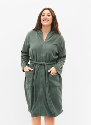 Morgenkåpe med glidelås og hette, Balsam Green, Model image number 0