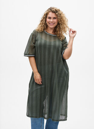 Zizzi Midikjole med hullmønster og korte ermer, Thyme, Model image number 2