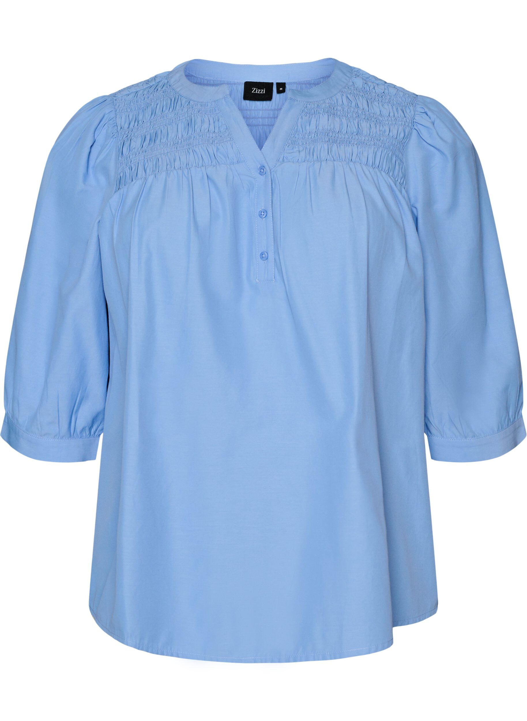 Bluse med smock og 3/4 ermer