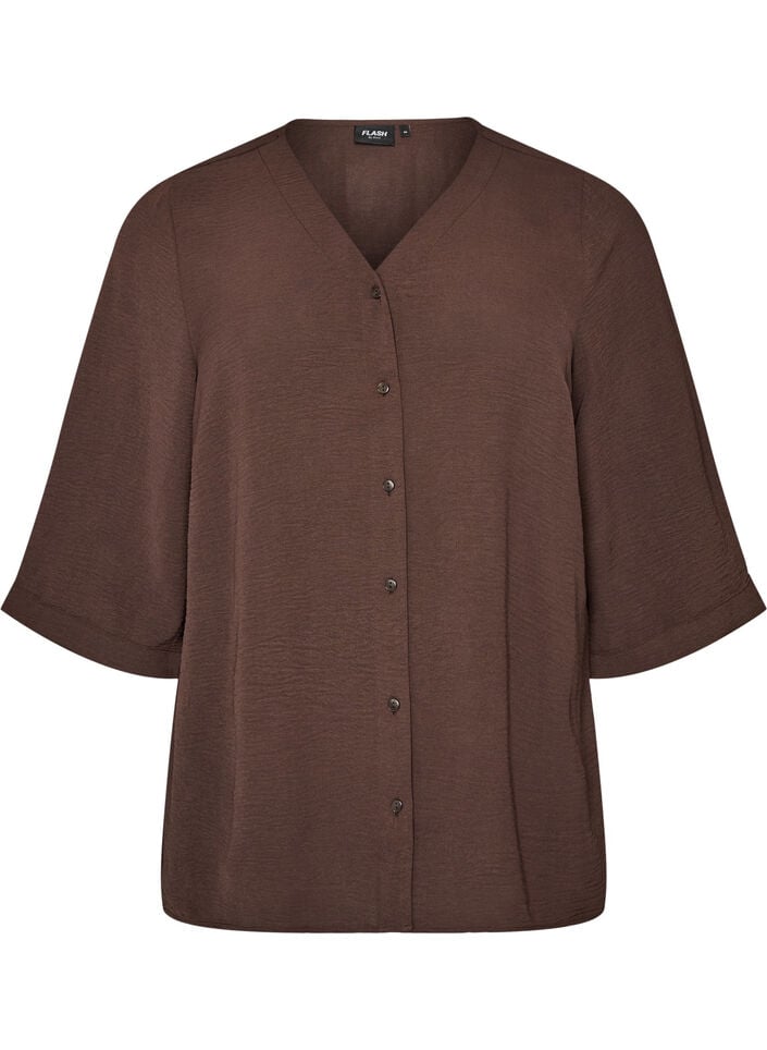 Skjortebluse med v-hals og 3/4 ermer, Brun, Packshot image number 0