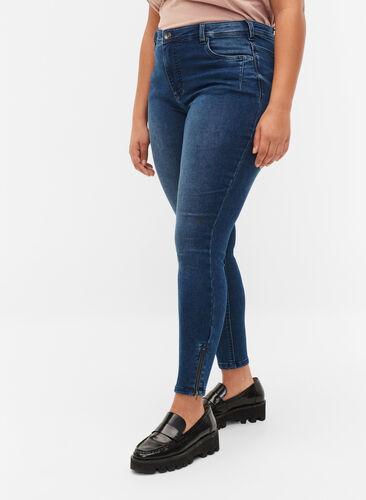 Cropped Amy jeans med glidelås, Dark blue denim, Model image number 3