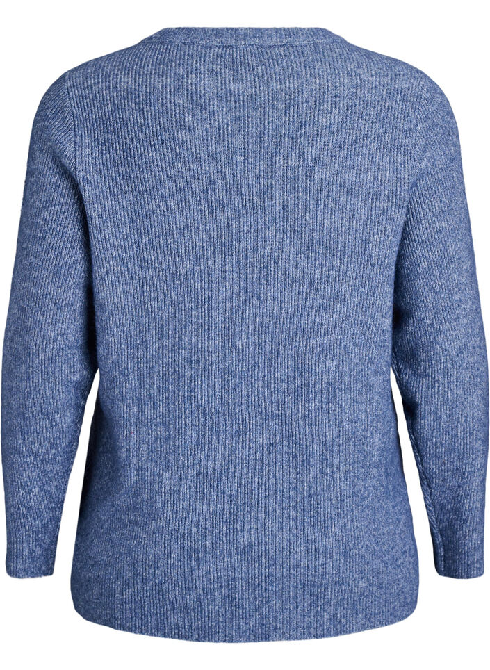 Melert strikkebluse med rund hals, Bl&aring;, Packshot image number 1