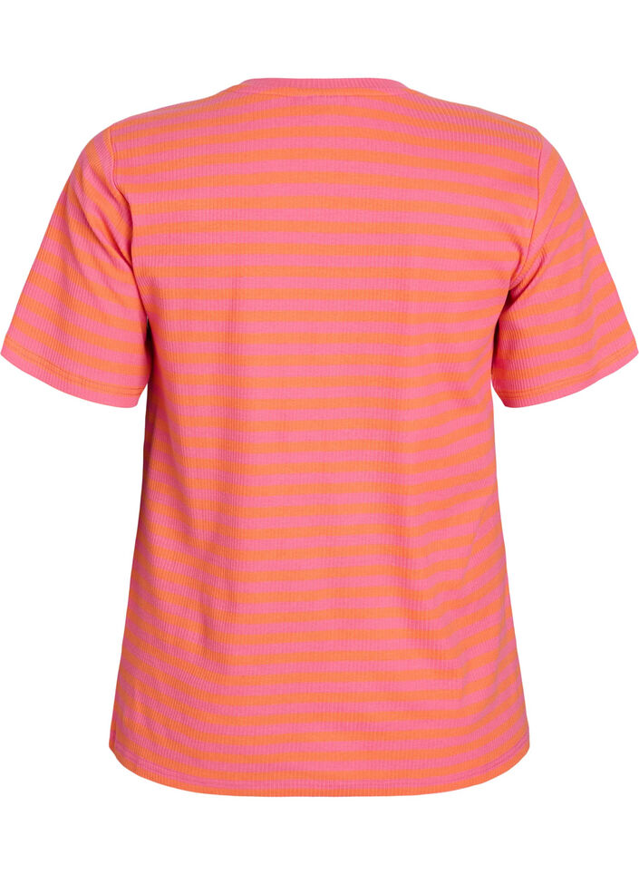 T-shirt med striper og ribbestrikket struktur, Orange, Packshot image number 1