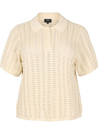 Strikket poloskjorte med hullmønster, Beige Strikket poloskjorte med hullmønster
