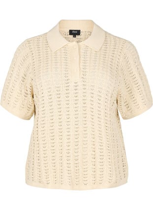 Zizzi Strikket poloskjorte med hullmønster, Beige, Packshot image number 0