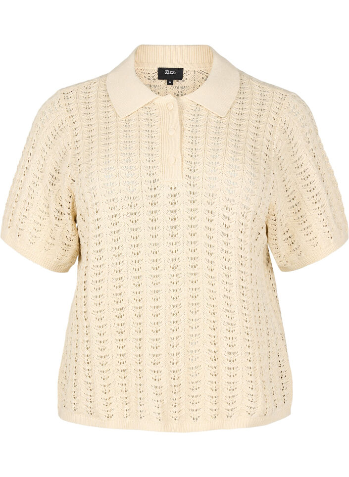 Strikket poloskjorte med hullmønster, Beige, Packshot image number 0