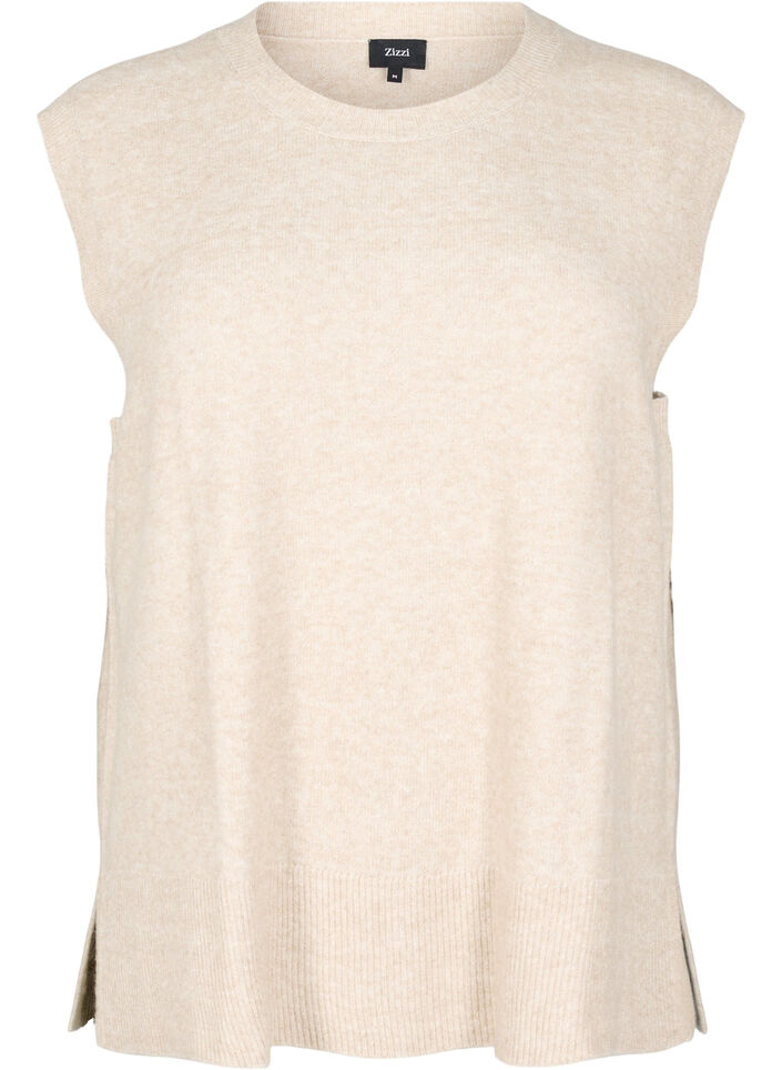 Strikket vest med ribbestrikkede kanter, Beige, Packshot image number 0