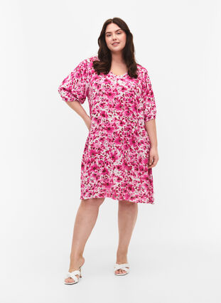 Blomstrete kjole i viskose med A-form, Pink Flower Rain, Model image number 2