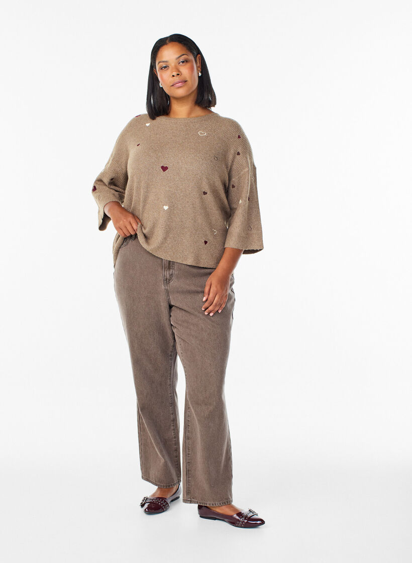 Genser med hjerter og 3/4 ermer, Brun, Model image number 1