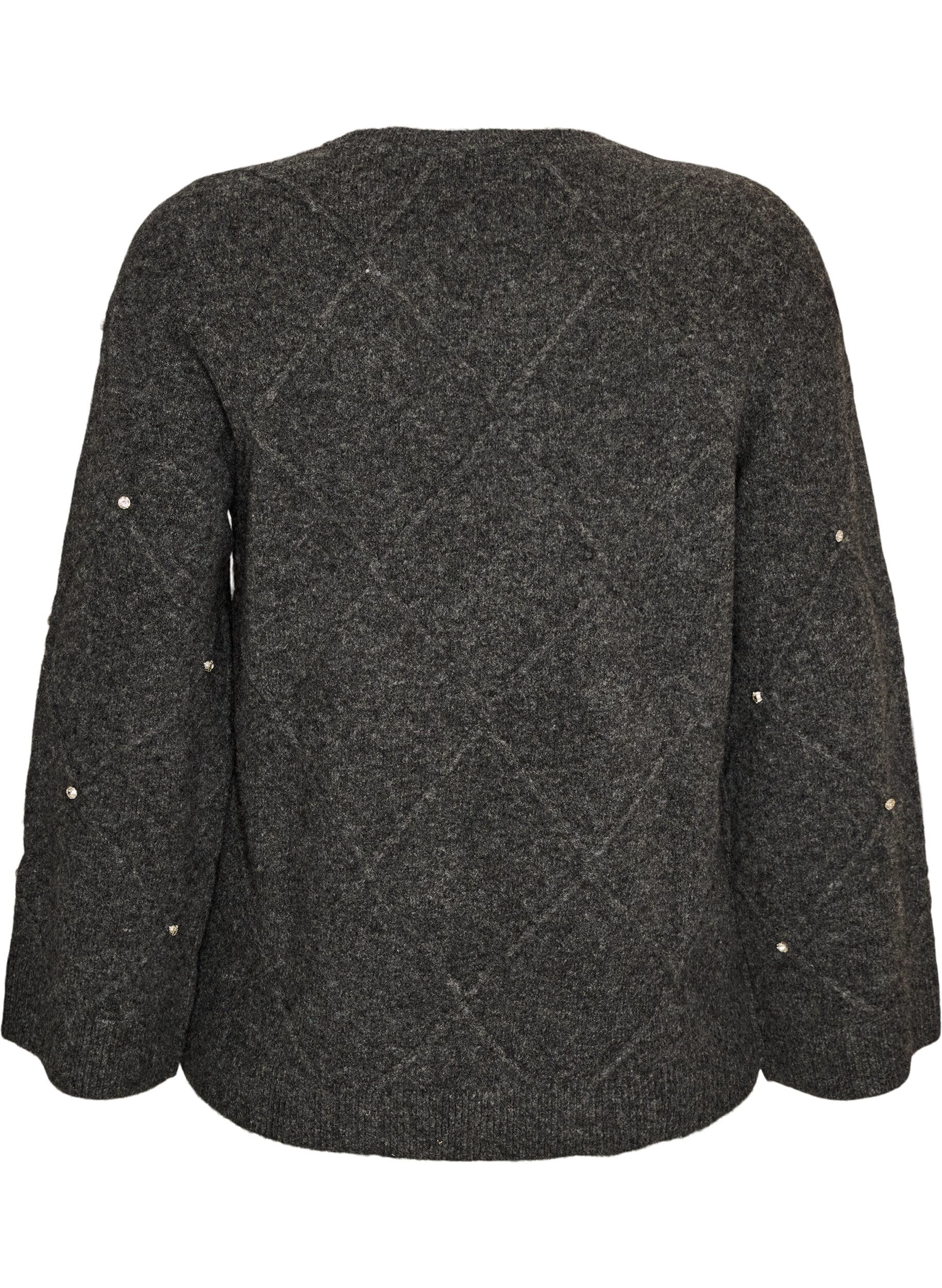 ZizziStrikkebluse med rhinesteiner og diamantm&oslash;nster, Gr&aring;, Packshot image number 1