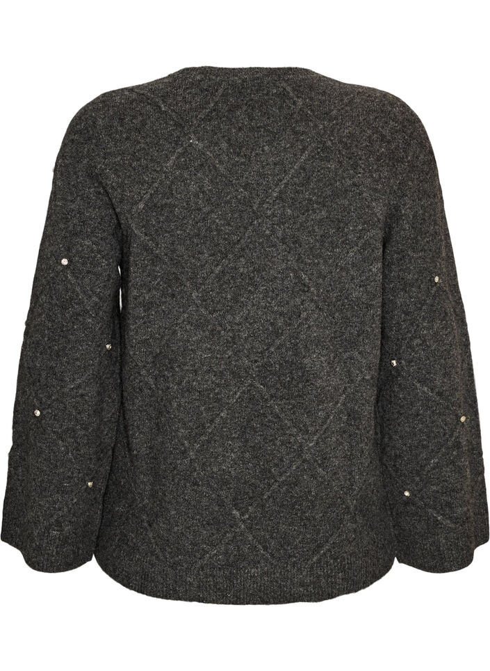 Strikkebluse med rhinesteiner og diamantm&oslash;nster, Gr&aring;, Packshot image number 1