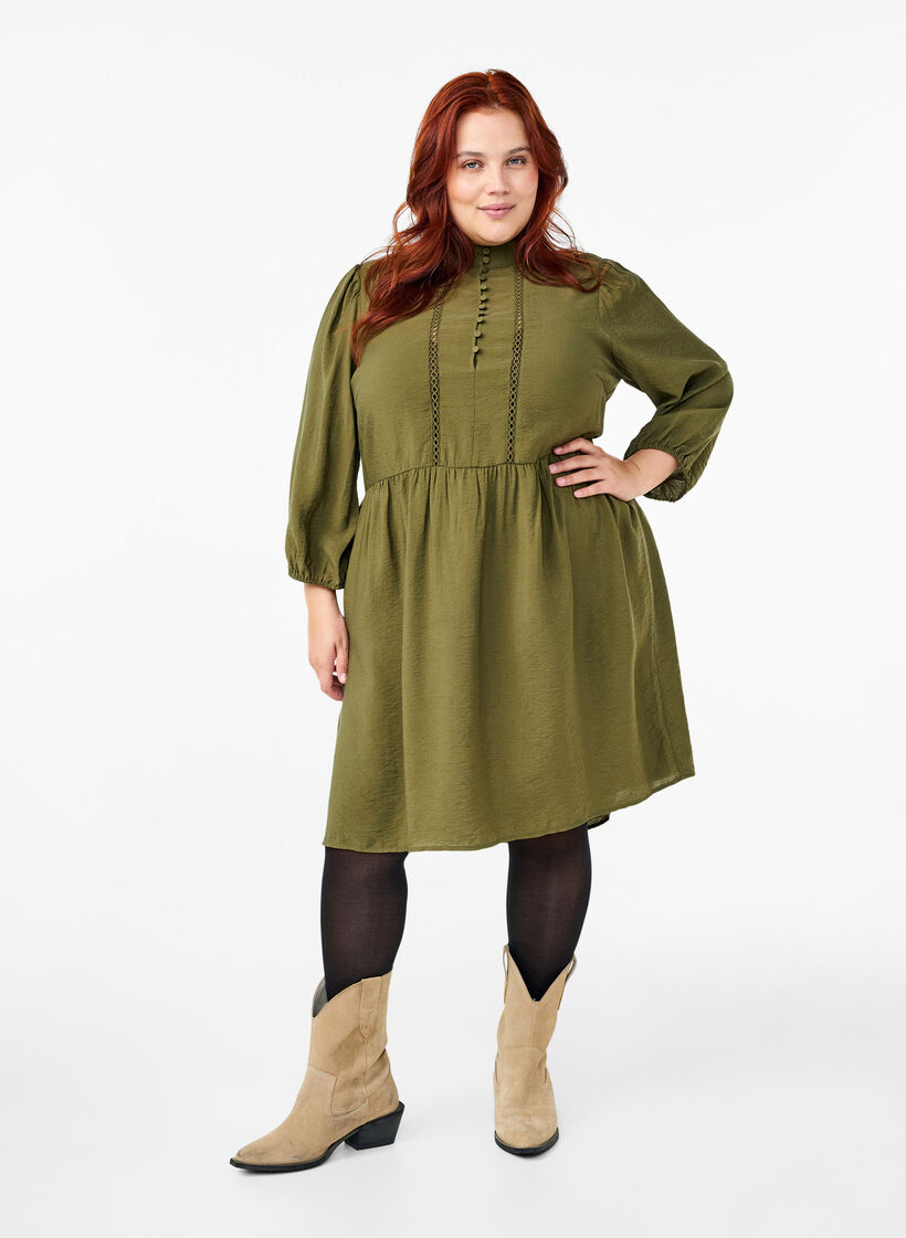 Knelang kjole med broderi og 3/4-ermer, Winter Moss, Model image number 2
