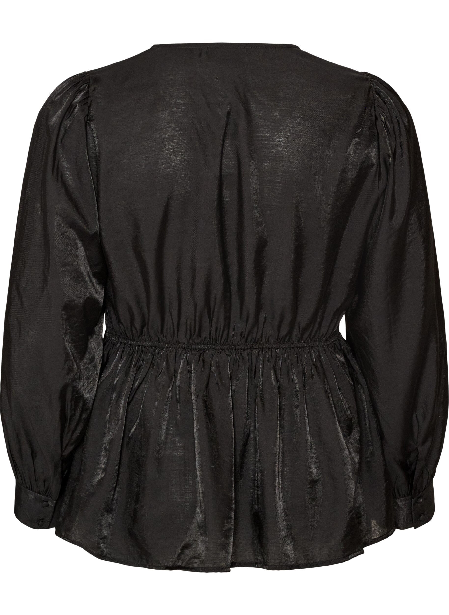 ZizziSkinnende viskosebluse med peplumeffekt, Svart, Packshot image number 1