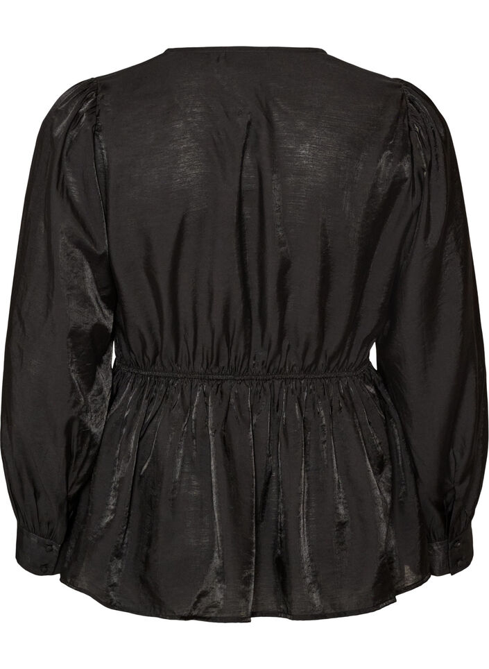 Skinnende viskosebluse med peplumeffekt, Svart, Packshot image number 1