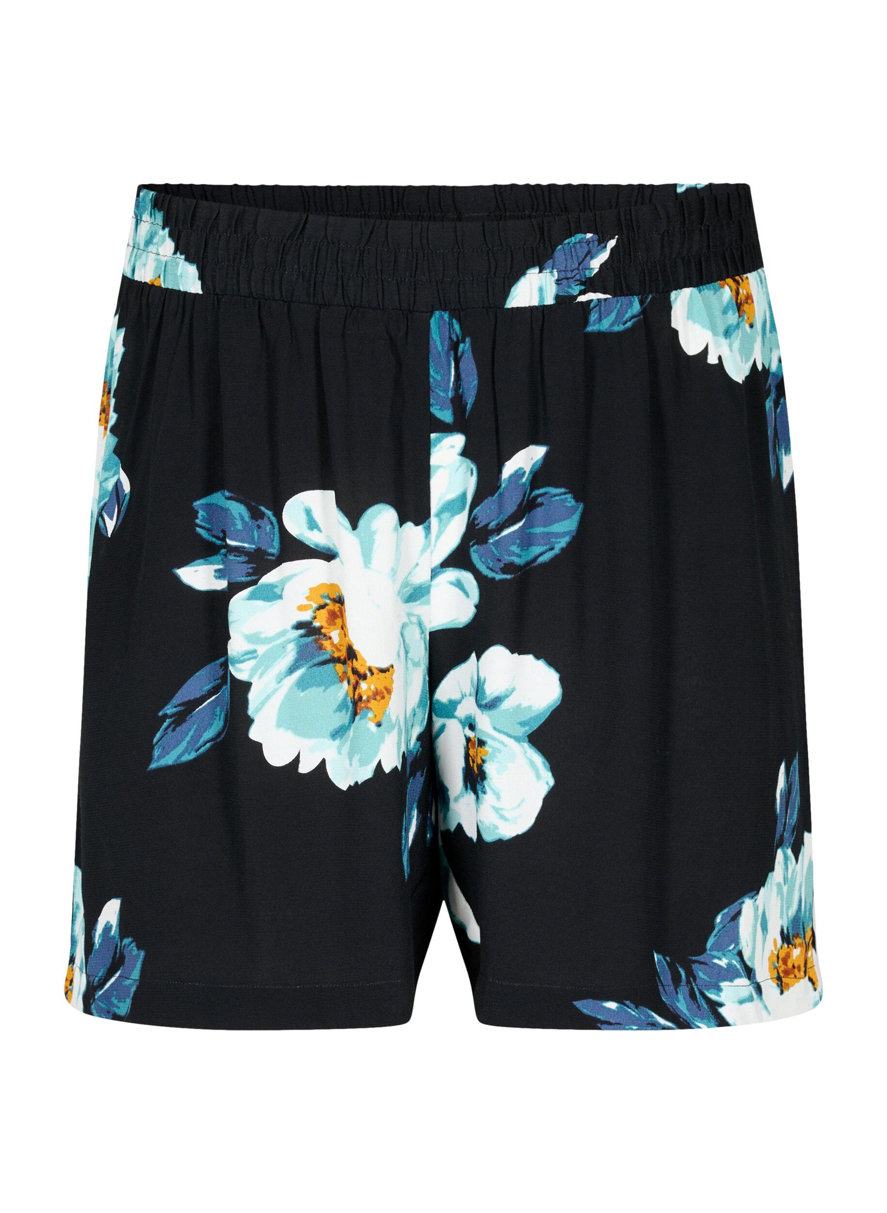 Zizzi Shorts med l&oslash;s passform i viskose, Black Big Flower, Packshot image number 0