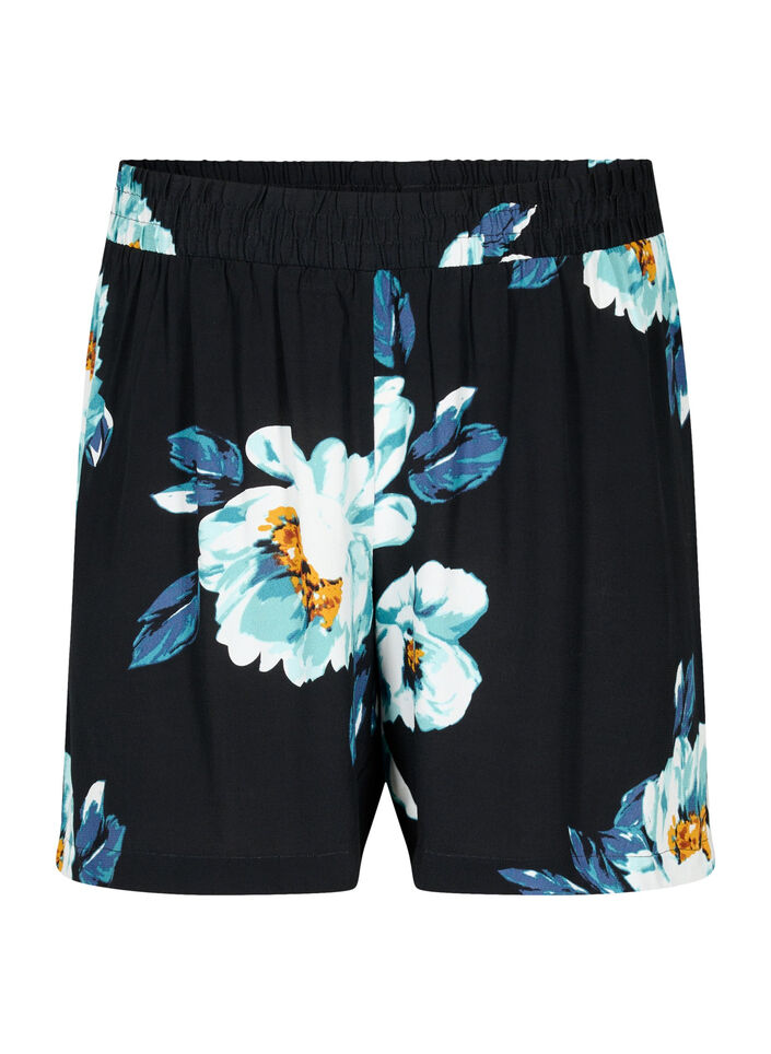 Shorts med løs passform i viskose, Black Big Flower, Packshot image number 0
