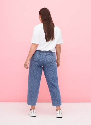 Cropped jeans med trykk og høy midje, Blue denim, Model image number 1
