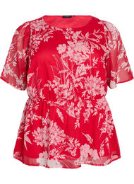 Blomstret chiffonbluse med strikk i midjen, Red flower AOP