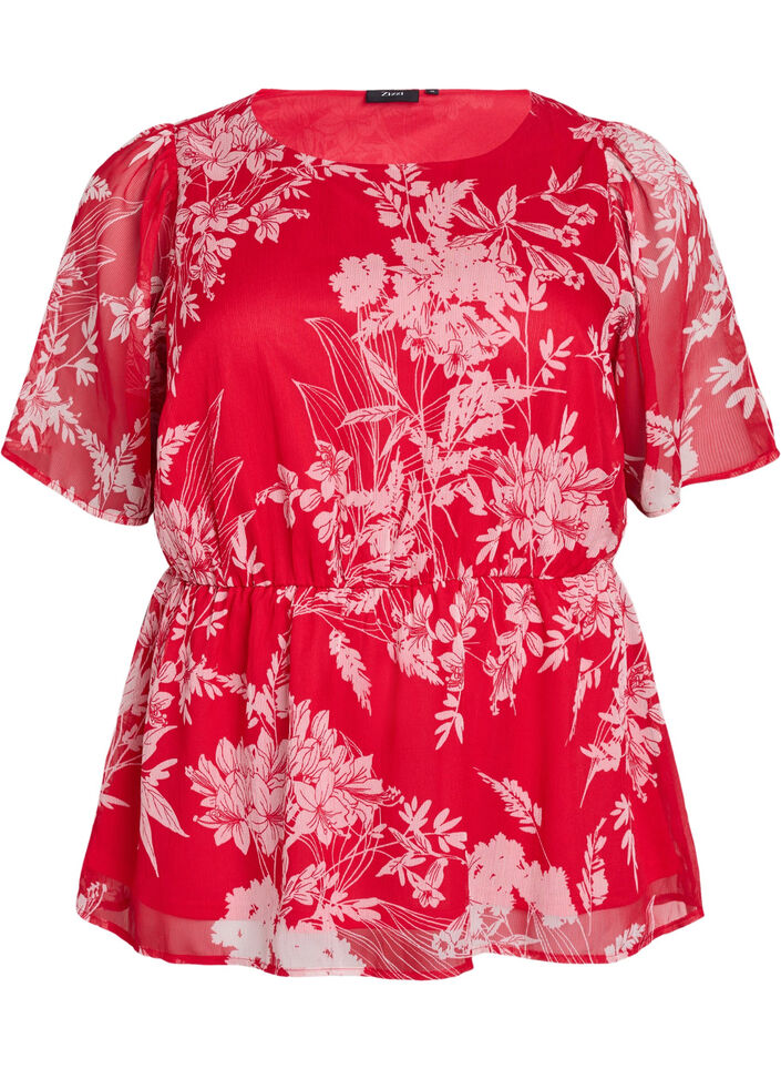 Blomstret chiffonbluse med strikk i midjen, Rød, Packshot image number 0