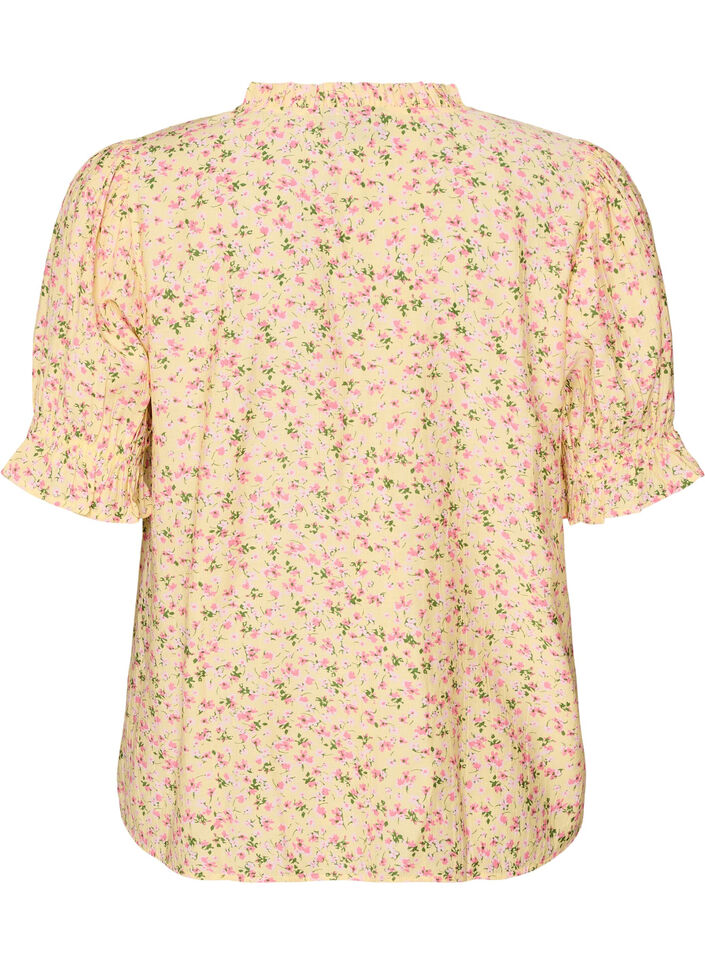 Bluse i viskose med blomstertrykk, korte ermer og volangkrage, Gul, Packshot image number 1