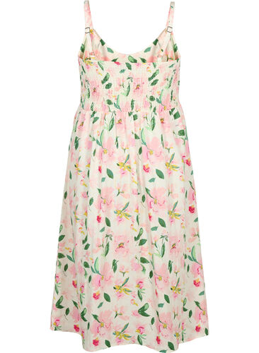 Blomstrete kjole med stropper i viskose med smock, Off White Flower, Packshot image number 1