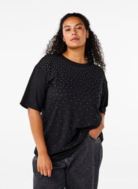 T-skjorte med strass og rund hals, Svart T-skjorte med strass og rund hals, Svart, Model