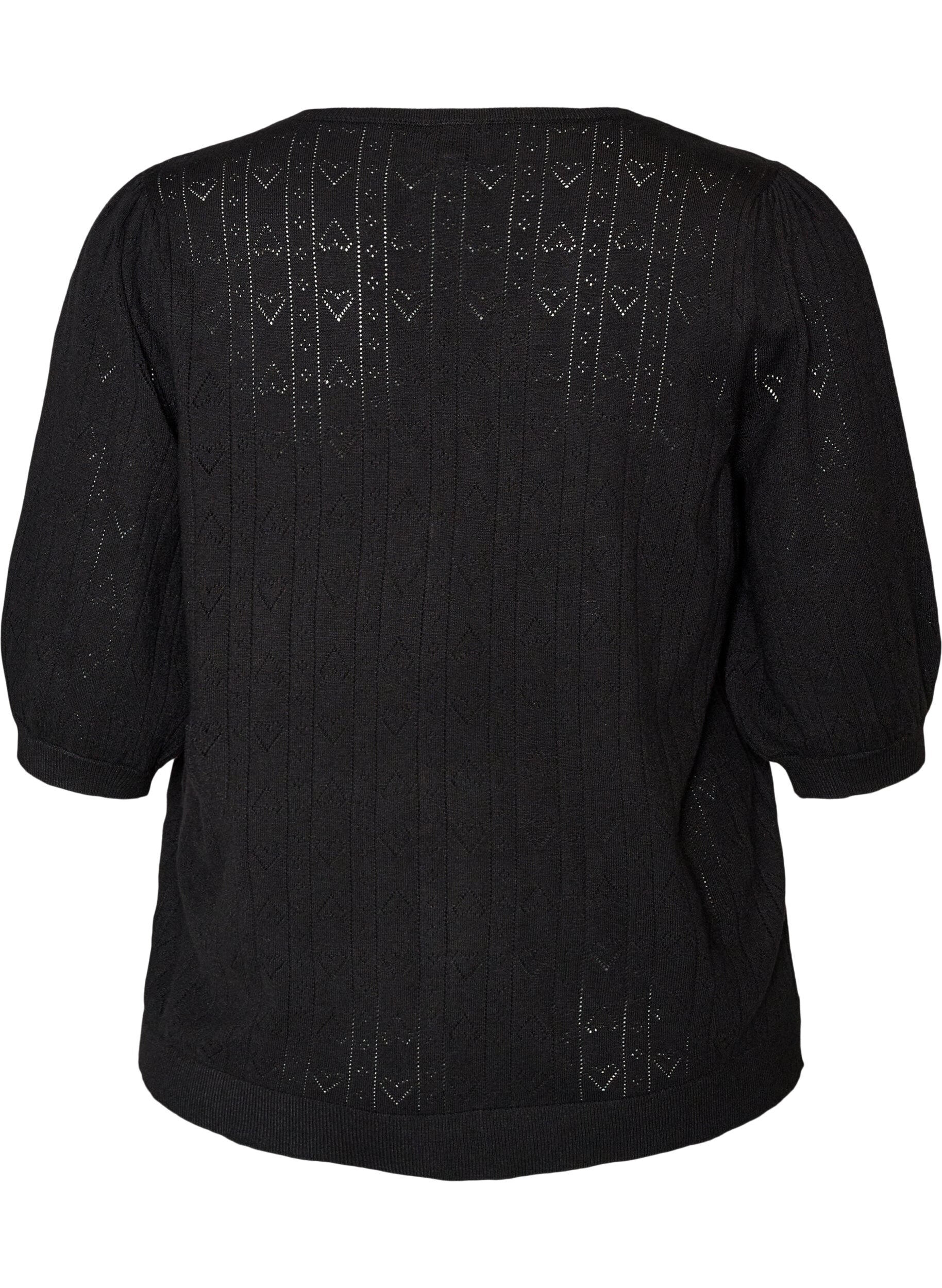 ZizziKortermet strikkebluse med pointellem&oslash;nster, Svart, Packshot image number 1