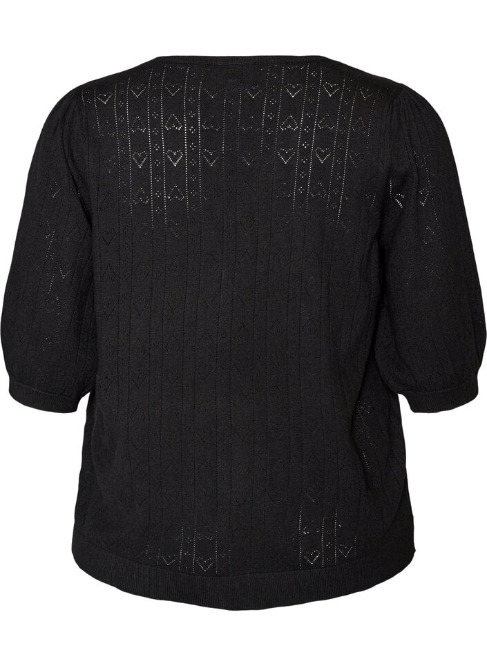 Kortermet strikkebluse med pointellem&oslash;nster, Svart, Packshot image number 1
