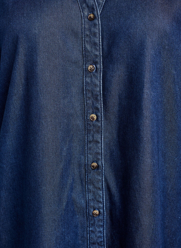 Kjole i denim-uttrykk med knappelukking og volangermer, Bl&aring;, Packshot image number 2