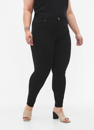 Superslanke Amy-jeans med rå detaljer og høy midje, Black, Model image number 2