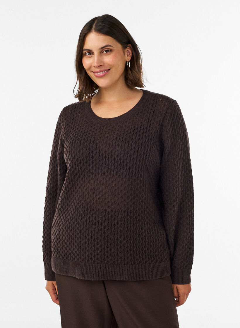 Strikkebluse med strukturert hullm&oslash;nster, Brun, Model image number 0