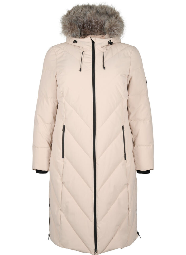 Lang vinterkåpe med kroklukking og en imitert pelskrage, Beige, Packshot