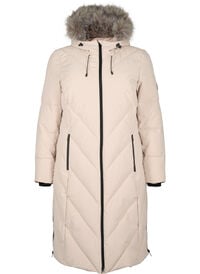 Lang vinterkåpe med kroklukking og en imitert pelskrage, Beige Lang vinterkåpe med kroklukking og en imitert pelskrage