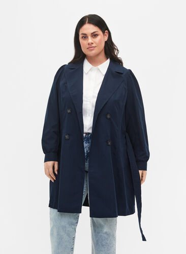 Trenchcoat med belte og lommer, Navy Blazer, Model image number 0